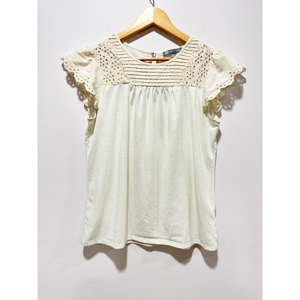Daisy Fuentes Cream Eyelet Lace Pintuck Cap Sleeve Blouse Top Ivory Medium